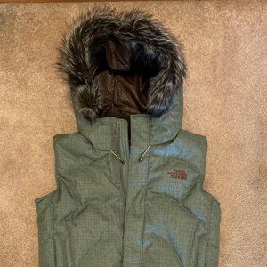 The North Face Green Fur Trim Hooded Puffer Vest